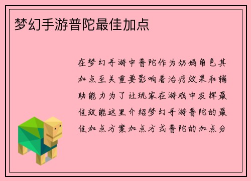 梦幻手游普陀最佳加点