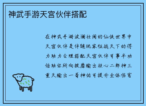 神武手游天宫伙伴搭配